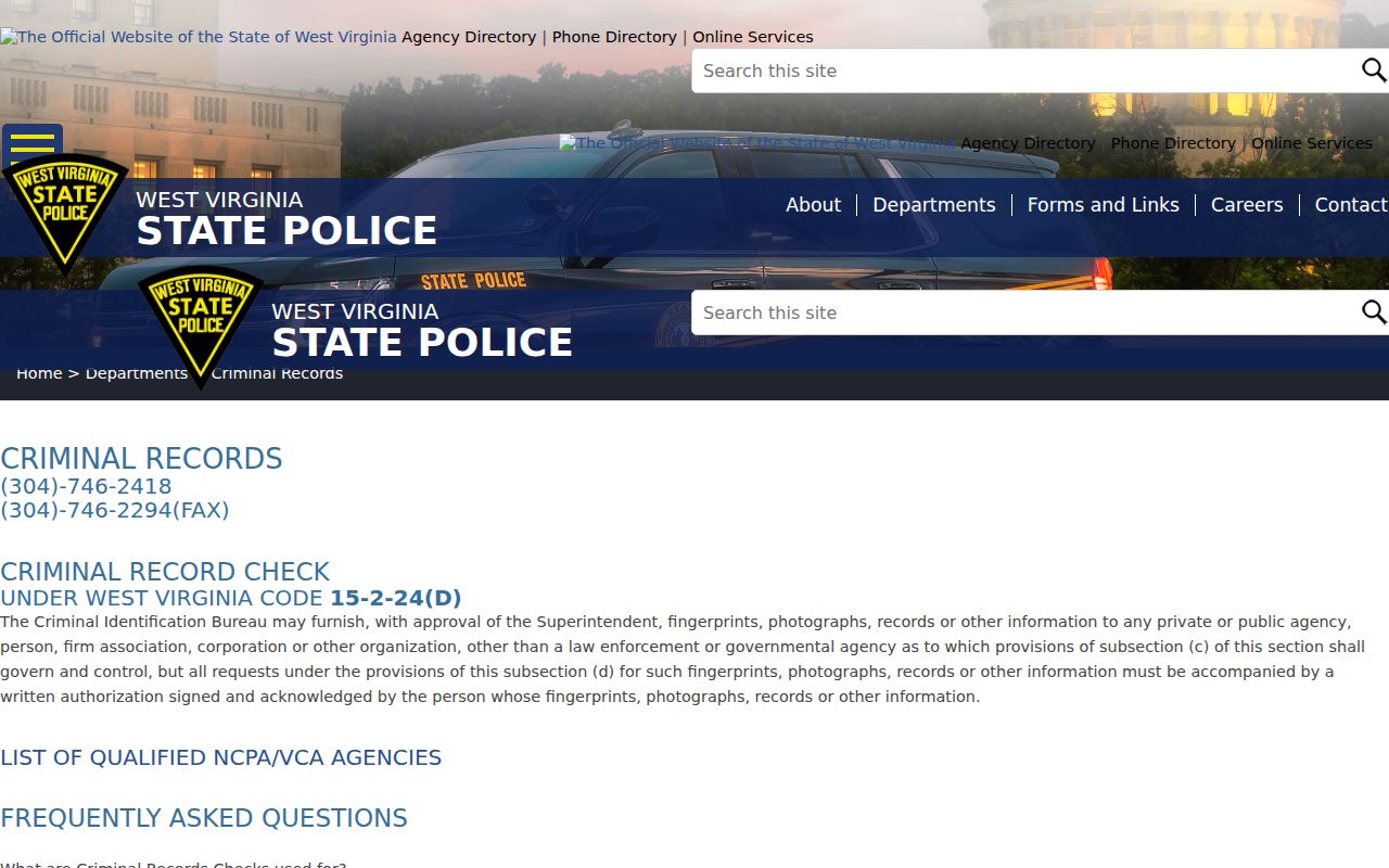 West Virginia State Police criminal history records page
