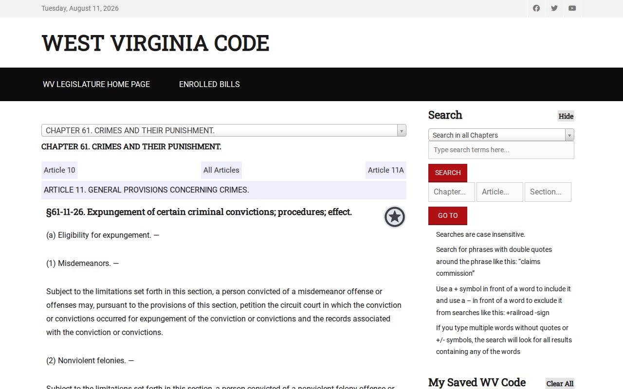 West Virginia criminal history expungement statute